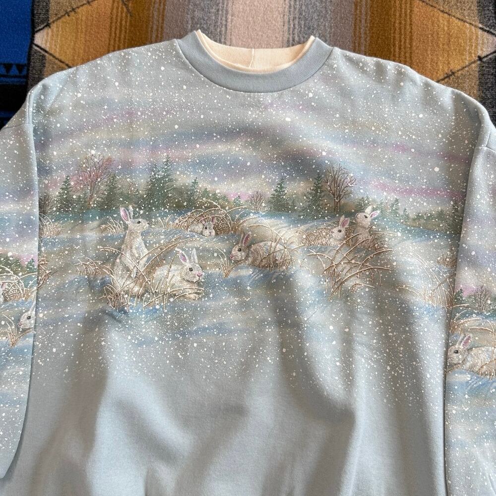 Vintage 90s Women’s Bunny Rabbit AOP Nature Outdoor Sweatshirt Size XL Animals - Picture 5 of 10